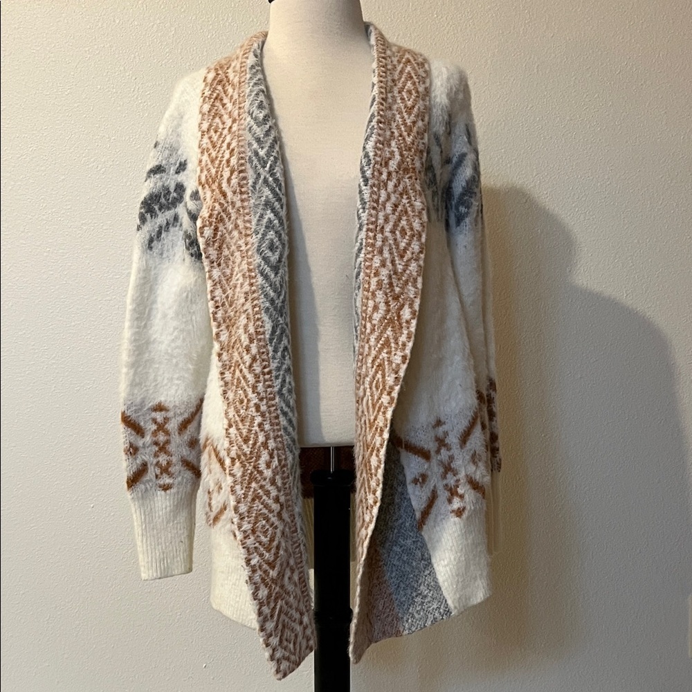 Angie women’s Cozy White and Brown Patterned Cardigan, size S